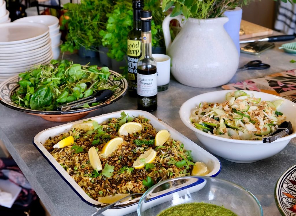 Counter top of different plant-based foods from Laura Paine.